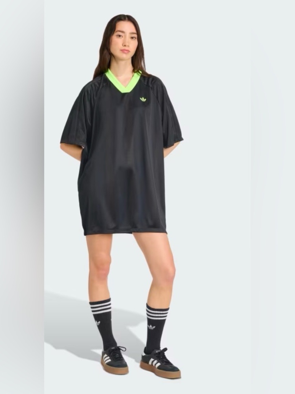 NEW ADIDAS ADICOLOR soccer Jacquard oversized dress Black with Neon Green Size L